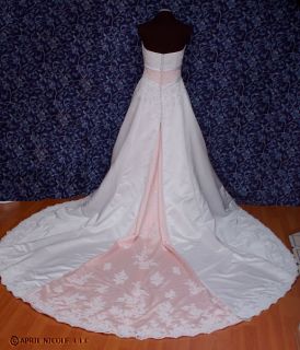 Alfred Angelo 1708 White Satin w/ Pink A line Beaded Wedding Dress 8 