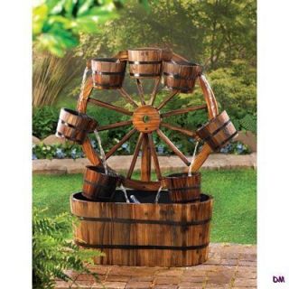 All Wooden Western Wagon Wheel and Buckets Garden Water Fountain 