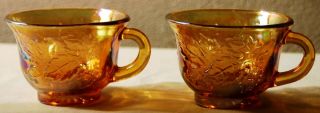 Marigold Amber Carnival Glass Grape Harvest Leaf Design Two Punch Cups 