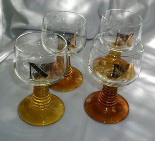 Vtg Amber Wine Glasses Bockling Germany Gold Logos