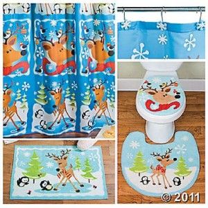   Reindeer Decor Complete Bathroom Rug and Shower Curtain Set New