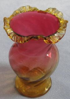Vintage Antique Large Amberina Vase with Applied Crinkle Rim
