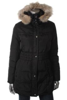 Andrew Marc New Black Cinched Waist Hooded Coyote Fur Trim Puffer Coat 