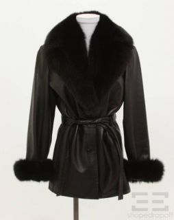 Andrew Marc Black Leather Fox Fur Belted Jacket Size M