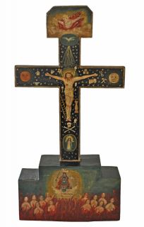 19th Century Mexico Cruz de Animas Hand Made Painted Cross   Scenes of 