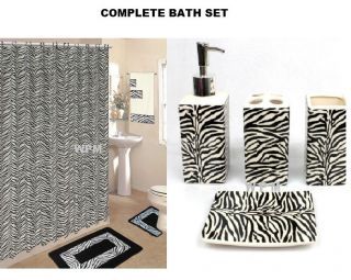   Set Black Zebra Animal Print Rugs Shower Curtain Towels