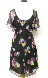 Ann Taylor Loft Size 6 Black Chiffon Purple Floral Dress Empire Lined 