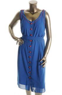 Anna Scholz New Blue Georgette Button Front Lined Utility Casual Dress 