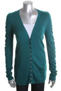 Anne Klein Tribeca Green Ribbed Ruffled V Neck Button Down Cardigan 