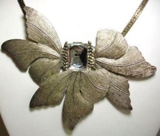 Large Leaf Necklace Leaves Acrylic Stone Brushed Silvertone Massive 