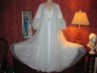 Vtg Lucie Ann Marabou Double Nylon Nightgown Gown Peignoir Robe Set 