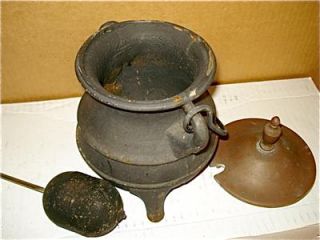 Antique Cast Iron & Brass Lid Kettle Fire Starter Pot w/ Pumice Wand 