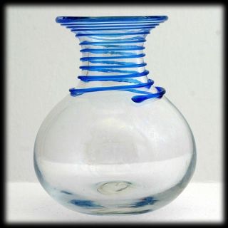 Blenko 8318 Art Glass Vase Crystal with Blue Applied Spiral Vintage 