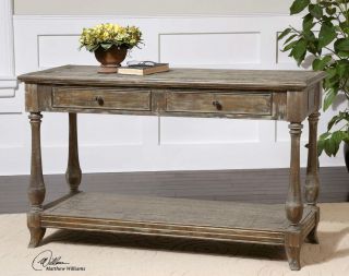 Old World Antique Style Sofa Table Solid Fir Wood Hand Waxed Limestone 