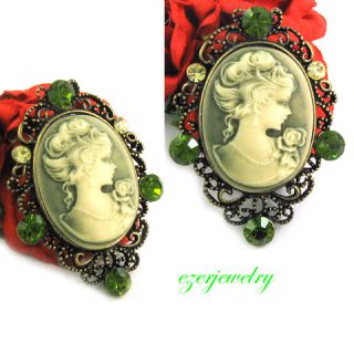 New Antique Style Green Cameo Crystal Pin Brooch P516