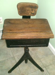 Rare Antique Vintage Wooden & Iron Childs Student School Desk