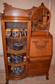 Antique Quartersawn Oak Secretary Curved Glass Hutch