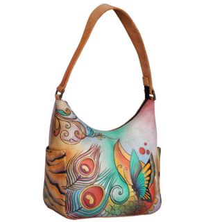 Anuschka Leather Large Zipped Hobo Hand Painted Peacock Butterfly 