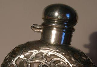   Solid Sterling Silver Glass Flask Antique Silver Overlay Bottle