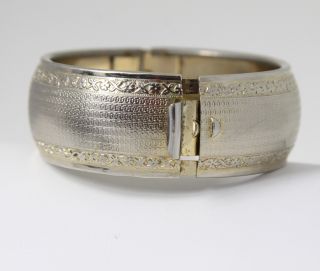 Vintage Coro Pegasus Mark Hinged Etched Bangle Bracelet in Silver 