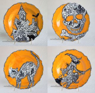 222 Fifth Wiccan Lace Appetizer Plates Set of 4 Halloween Designs 