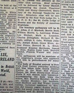 HARRY HOUDINI Magic Escape Artist funeral rites 1926 Newspaper