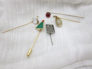 Vintage 5 Stick Pins Jewelry Lot Pink Rhinestone Xmas Tree Enamel 