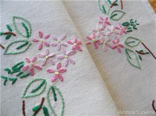 Vintage Linen Traycloth Doily Hand Embroidered Flowers Pink Green 