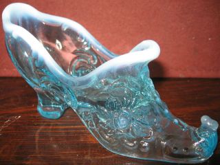 Large Aqua Blue opalescent glass rose leaf Shoe Slipper Boot flowers 