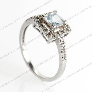 14k White Gold Diamond Pave Square Aquamarine Ring