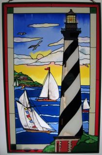 Lighthouse Sail Boat Sailing 10x16 Stained Glass Panel