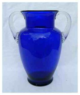 Cambridge Cobalt Blue Crystal Reeded Handles Vase Depression 1930S 