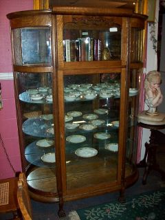 ANTIQUE OAK CHINA CABINET OR CURIO CURVED GLASS SIDES PAW FEET