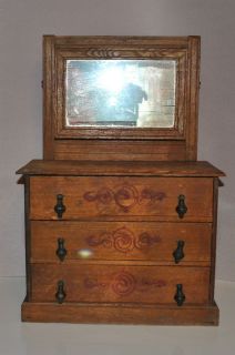 Antique Oak Doll Dresser with Mirror and Painted Design Teardrop Pulls 