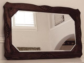 Antique Carved Jacobean Oak Wood Frame Beveled Mirror