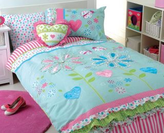 Girls Flower Garden Appliqued Blue Pink Single Quilt DOONA Cover Set 