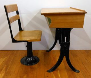 Antique School Desk and Chair Adjustable Metal Legs Wood Top Kenney 