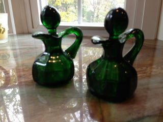 Vintage Oil and Vinegar Cruet Set Green Depression Glass
