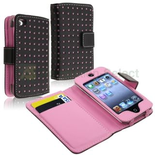   Pink Dot Leather Wallet Case Cover+LCD Film For iPod touch 4 4th G Gen