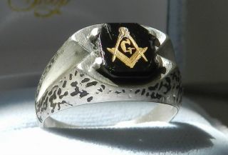 Mens Vintage Masonic Sterling Silver and Black Onyx Ring Free Masonry 