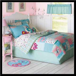 Pink Aqua BUTTERFLY BLOOM Comforter Set w Sheets 6 pc TWIN NEW