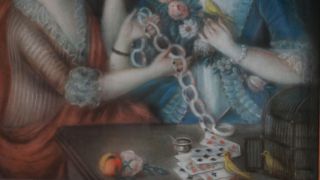 Antique 18C. Folk Art Pastel Portrait Painting Woman Playing Cards w 