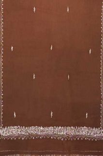 Large Crewel Embroidered Brown Wool Shawl Kashmir Artistry from India 