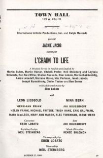Chaim to Life Playbill 10 27 86 Jackie Jacob Leon Liebgold Mina Bern 