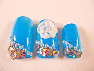 Japanese Artificial Fake Nails Art Cool Blue 3D Flowers