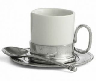 Arte Italica Caffe Italian Ceramic Pewter Espresso Coffee Cup Saucer 