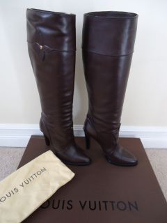 NIB LOUIS VUITTON Brown Leather Fleur Boots Knee High Heel Sz 39 9