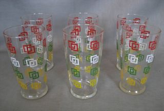 Vintage 50s Iced Tea Glasses Set of 6 Red White Green Yellow Design 