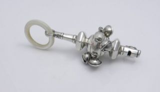   ENGLISH Sterling Silver BABY RATTLE w/ Whistle, Bells, Teething Ring