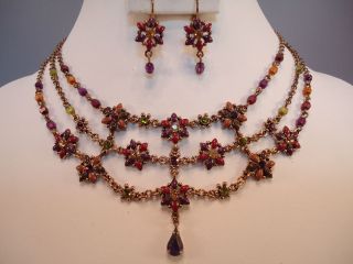 AVON NR Spice Blossom Wine Cranberry Enameled Flower Necklace Earrings 